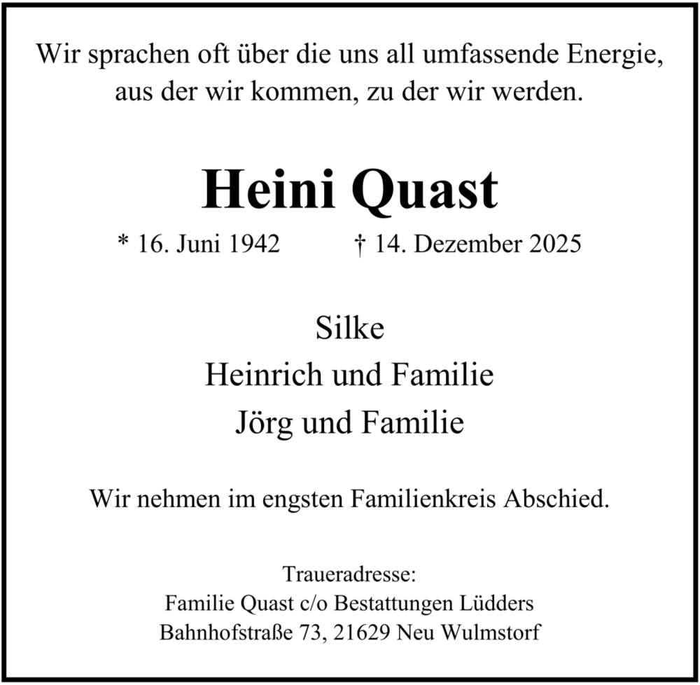  Traueranzeige für Heini Quast vom 20.12.2025 aus 