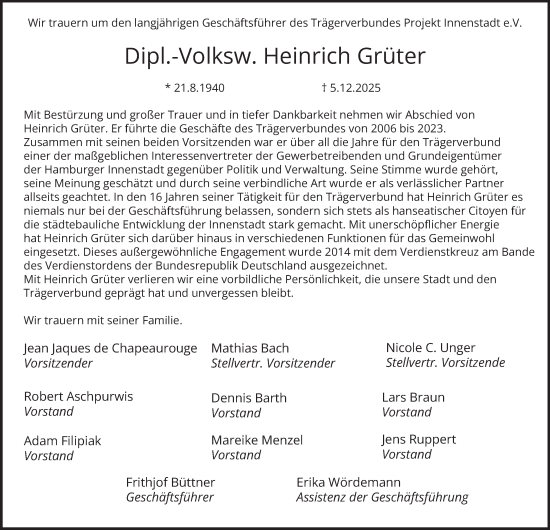 Traueranzeige von Heinrich Grüter von Hamburger Abendblatt