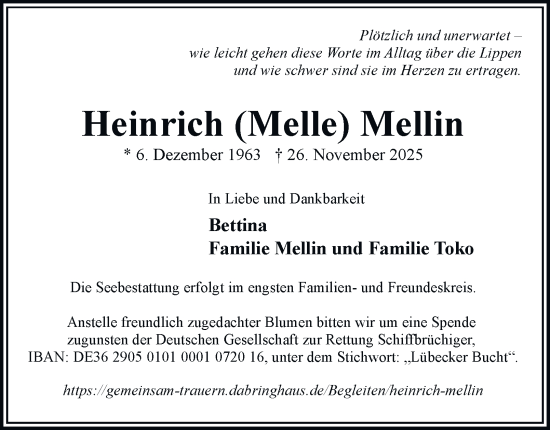 Traueranzeige von Heinrich Mellin von Bergedorfer Zeitung