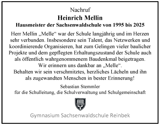 Traueranzeige von Heinrich Mellin von Bergedorfer Zeitung