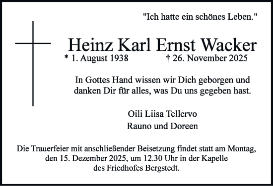 Traueranzeige von Heinz Karl Ernst Wacker von Hamburger Abendblatt