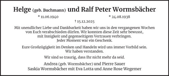 Traueranzeige von Helge Wormsbächer von Hamburger Abendblatt