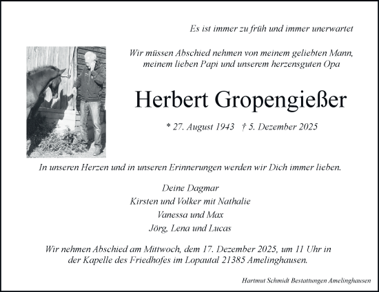 Traueranzeige von Herbert Gropengießer von Hamburger Abendblatt