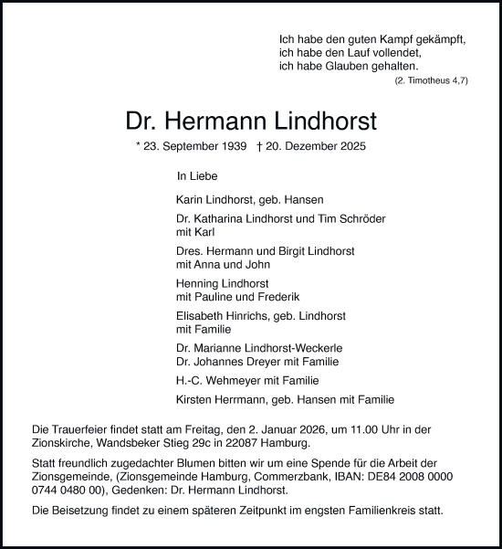 Traueranzeige von Hermann Lindhorst von Hamburger Abendblatt