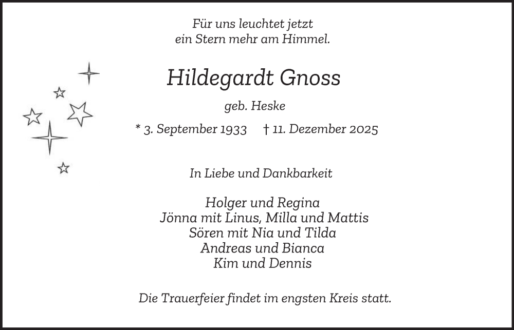  Traueranzeige für Hildegardt Gnoss vom 20.12.2025 aus Hamburger Abendblatt