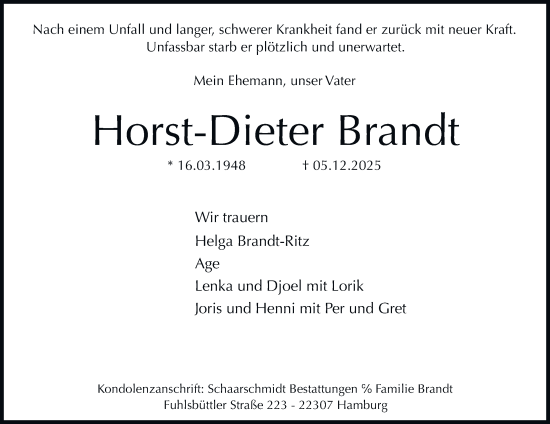 Traueranzeige von Horst-Dieter Brandt von Hamburger Abendblatt