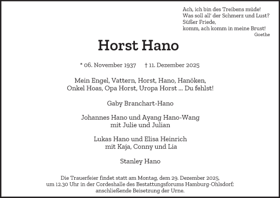Traueranzeige von Horst Hano von Hamburger Abendblatt
