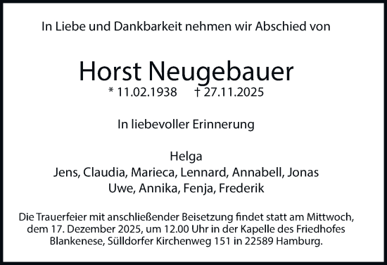 Traueranzeige von Horst Neugebauer von Hamburger Abendblatt