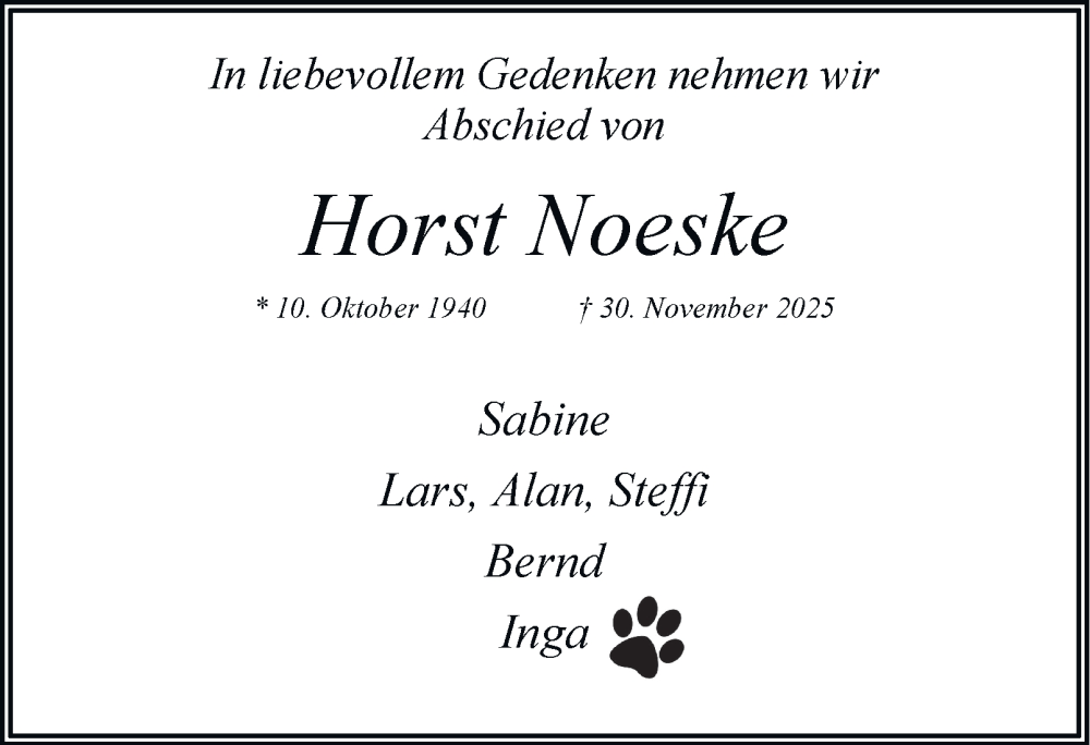  Traueranzeige für Horst Noeske vom 13.12.2025 aus 