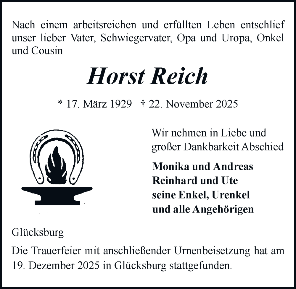  Traueranzeige für Horst Reich vom 20.12.2025 aus Bergedorfer Zeitung