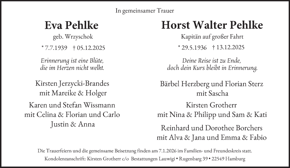  Traueranzeige für Horst Walter Pehlke vom 20.12.2025 aus Hamburger Abendblatt