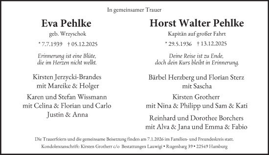 Traueranzeige von Horst Walter Pehlke von Hamburger Abendblatt