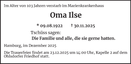 Traueranzeige von Ilse  
