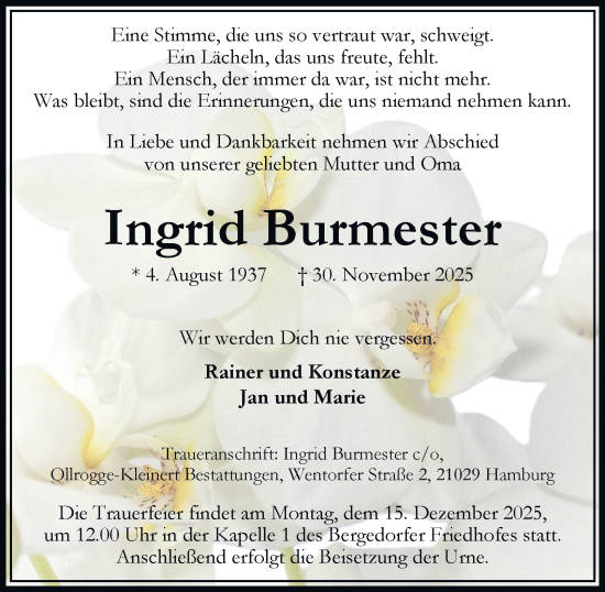 Traueranzeige von Ingrid Burmester von Bergedorfer Zeitung