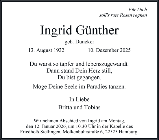 Traueranzeige von Ingrid Günther von Hamburger Abendblatt