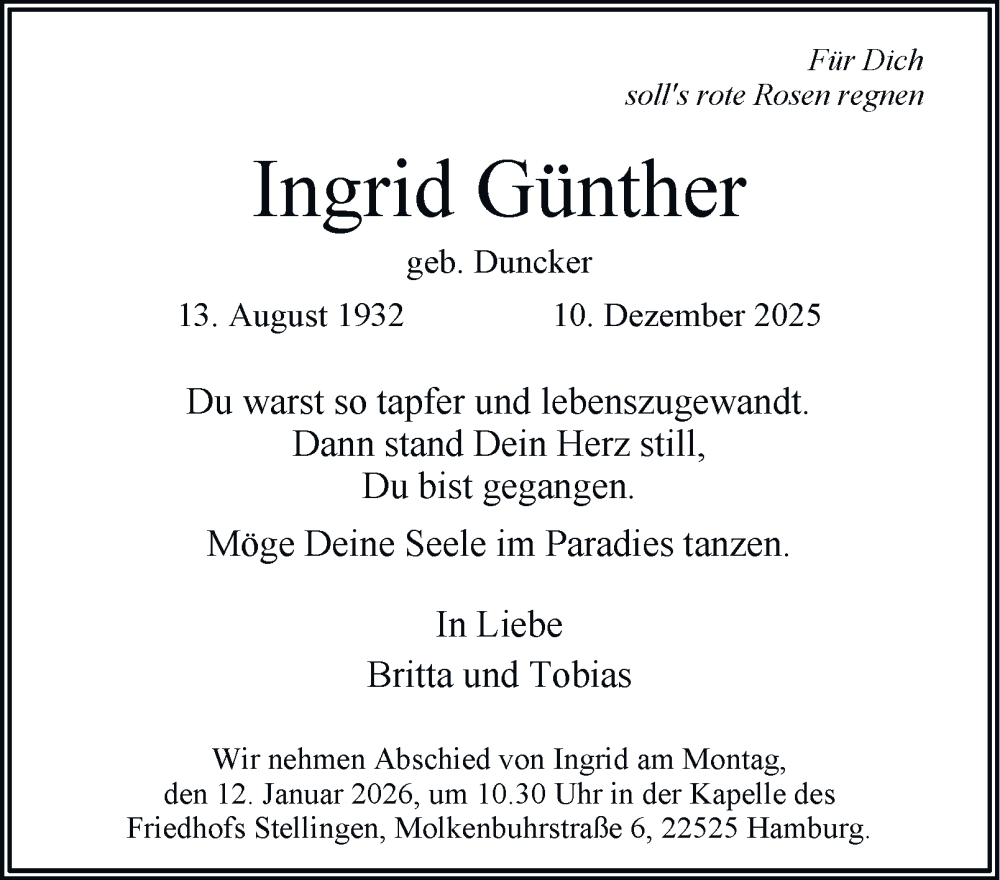  Traueranzeige für Ingrid Günther vom 27.12.2025 aus Hamburger Abendblatt