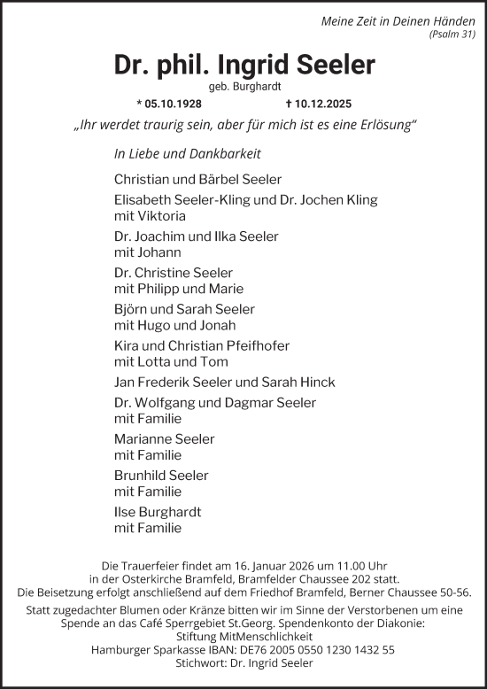 Traueranzeige von Ingrid Seeler von Hamburger Abendblatt