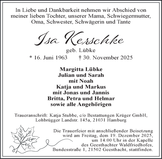 Traueranzeige von Isa Kerschke von Bergedorfer Zeitung