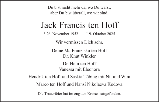 Traueranzeige von Jack Francis ten Hoff von Hamburger Abendblatt