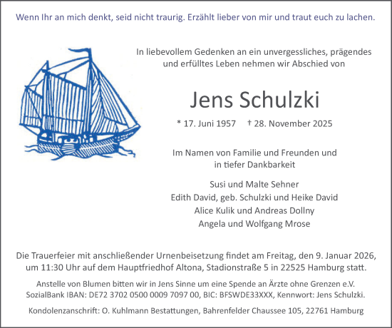 Traueranzeige von Jens Schulzki von Hamburger Abendblatt