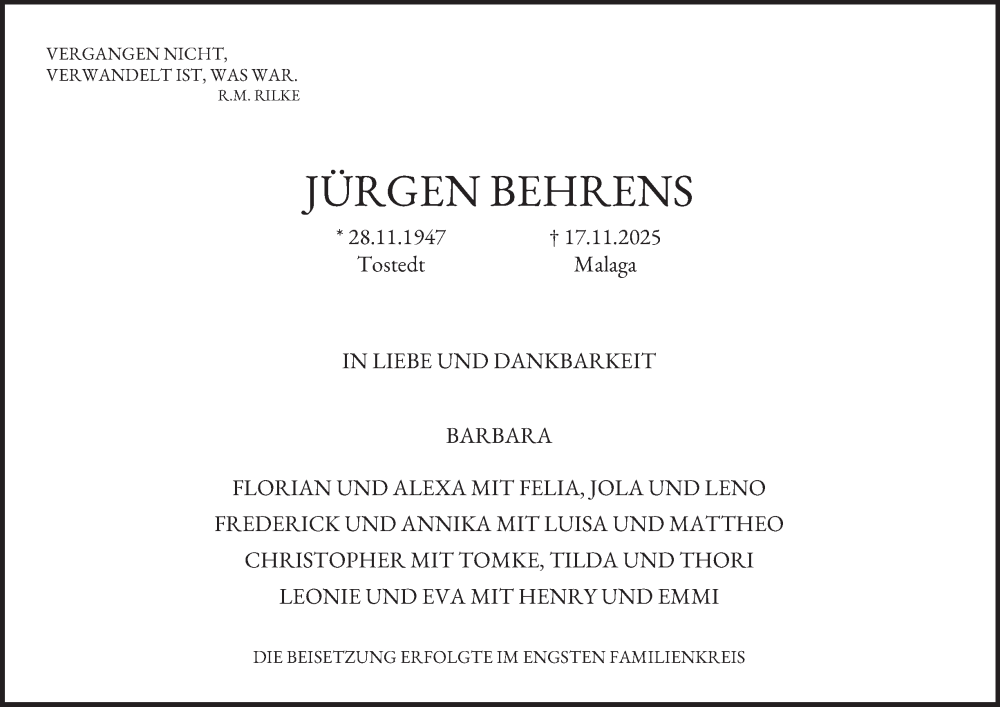  Traueranzeige für Jürgen Behrens vom 13.12.2025 aus 