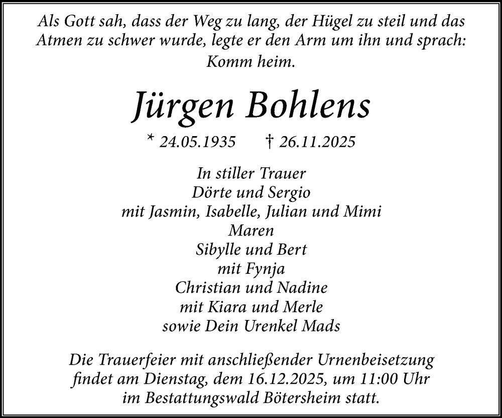  Traueranzeige für Jürgen Bohlens vom 13.12.2025 aus Hamburger Abendblatt