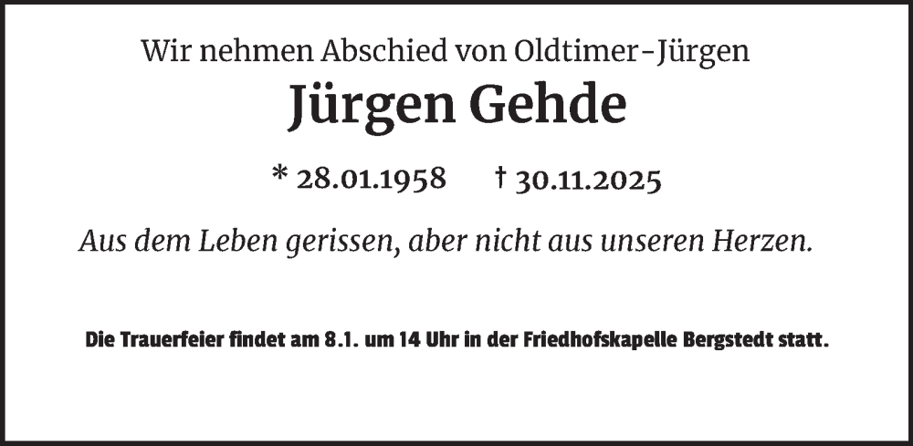  Traueranzeige für Jürgen Gehde vom 24.12.2025 aus Hamburger Abendblatt