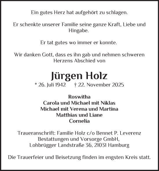 Traueranzeige von Jürgen Holz von Bergedorfer Zeitung