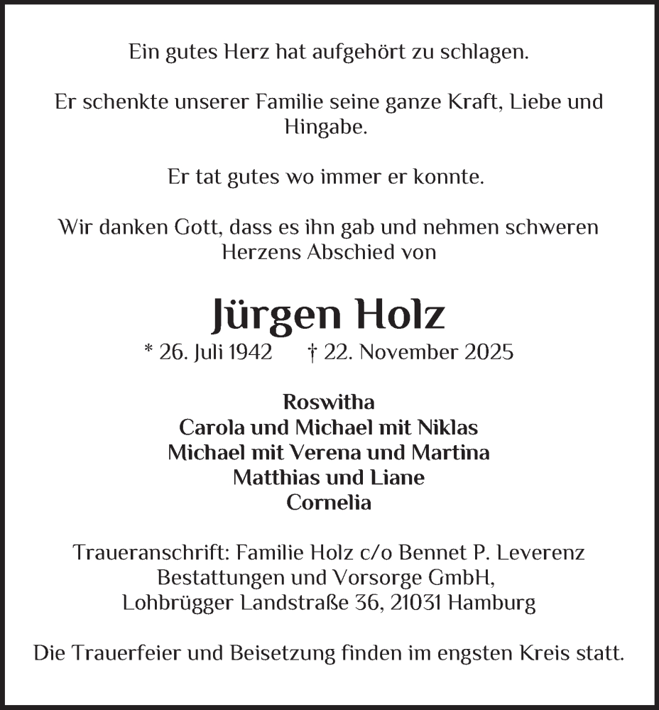  Traueranzeige für Jürgen Holz vom 13.12.2025 aus Bergedorfer Zeitung