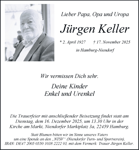 Traueranzeige von Jürgen Keller 