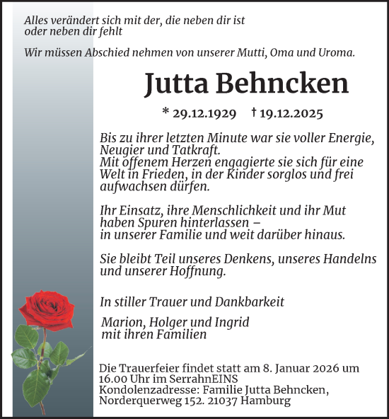 Traueranzeige von Jutta Behncken von Bergedorfer Zeitung