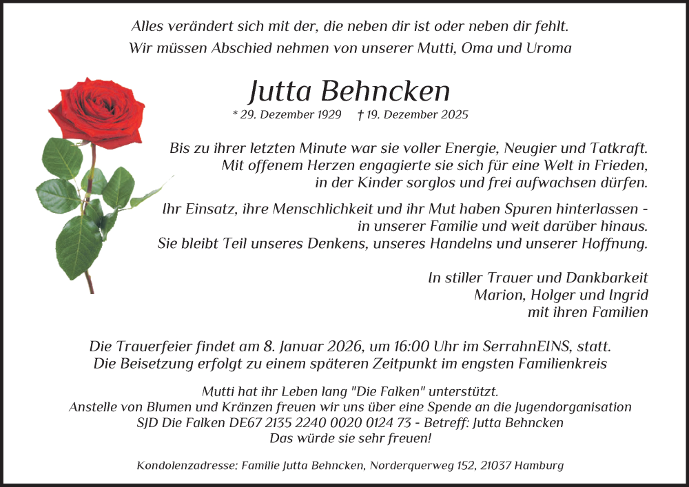  Traueranzeige für Jutta Behncken vom 27.12.2025 aus Bergedorfer Zeitung