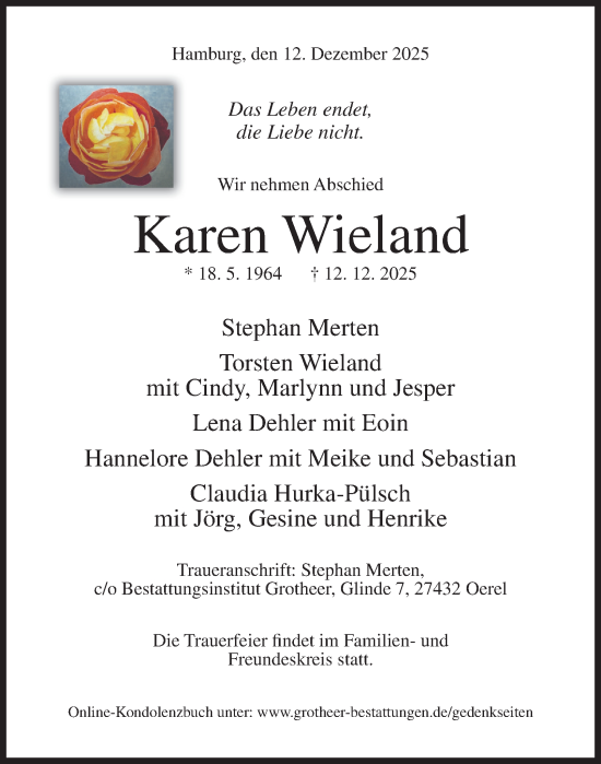 Traueranzeige von Karen Wieland von Hamburger Abendblatt