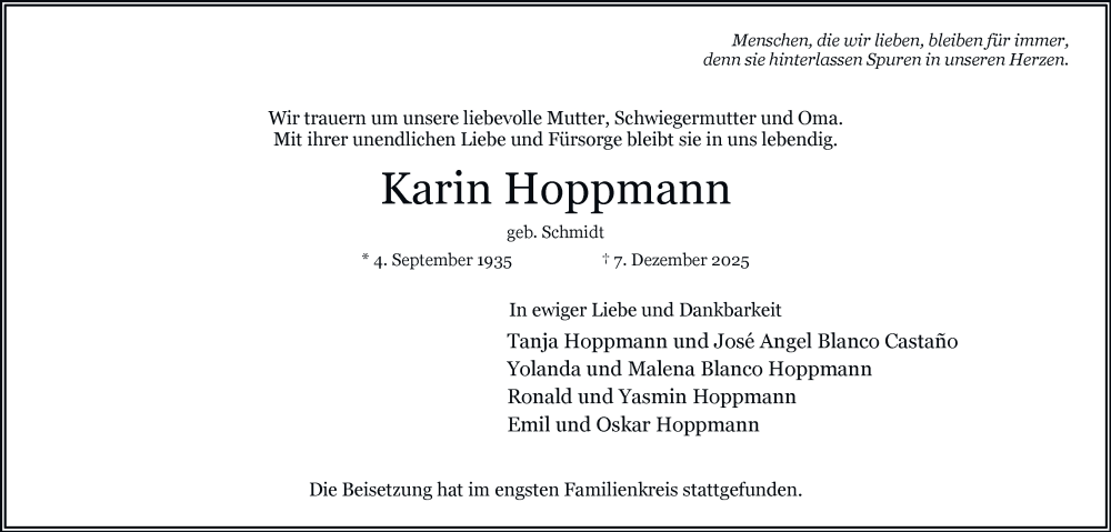  Traueranzeige für Karin Hoppmann vom 20.12.2025 aus Hamburger Abendblatt