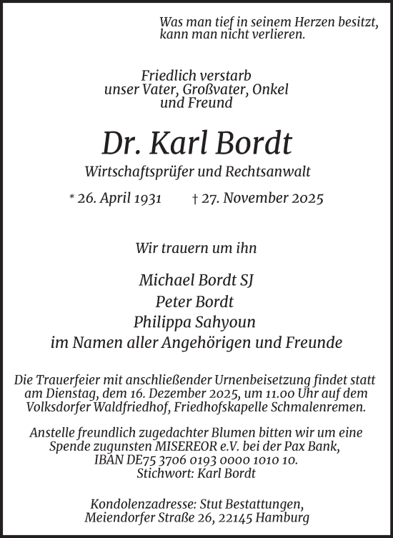 Traueranzeige von Karl Bordt von Hamburger Abendblatt
