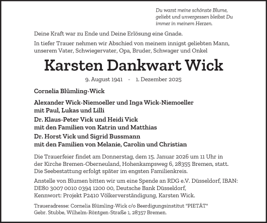 Traueranzeige von Karsten Dankwart Wick von Hamburger Abendblatt