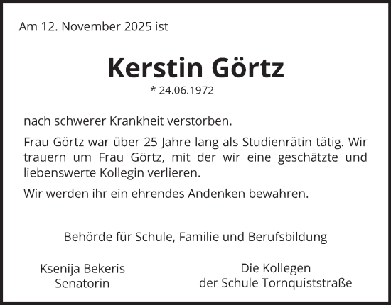 Traueranzeige von Kerstin Görtz von Hamburger Abendblatt
