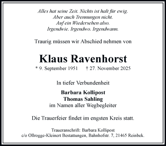 Traueranzeige von Klaus Ravenhorst von Bergedorfer Zeitung