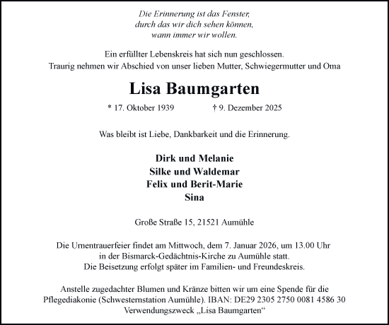 Traueranzeige von Lisa Baumgarten von Bergedorfer Zeitung