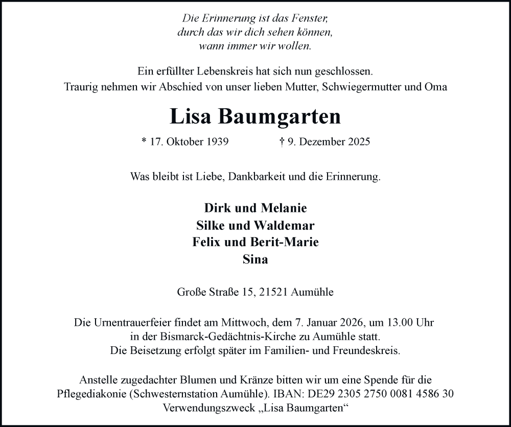  Traueranzeige für Lisa Baumgarten vom 27.12.2025 aus Bergedorfer Zeitung