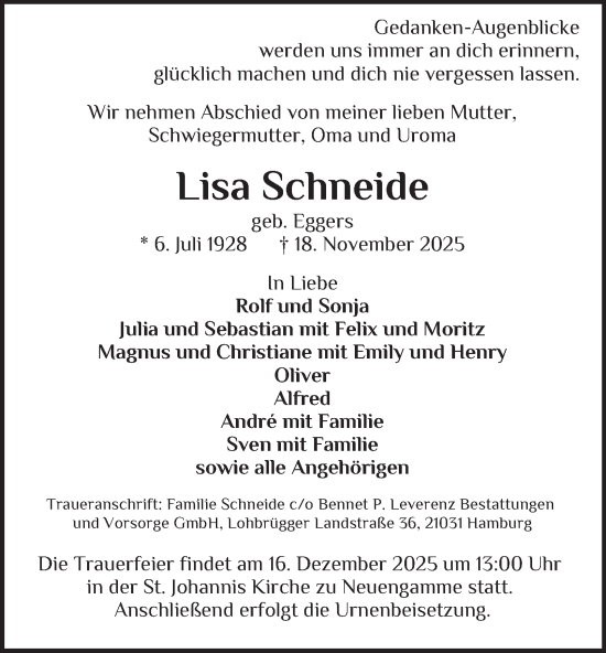 Traueranzeige von Lisa Schneide von Bergedorfer Zeitung