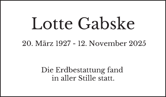Traueranzeige von Lotte Gabske von Hamburger Abendblatt