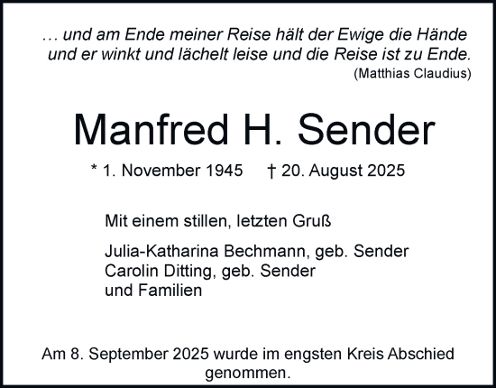 Traueranzeige von Manfred Sender von Hamburger Abendblatt
