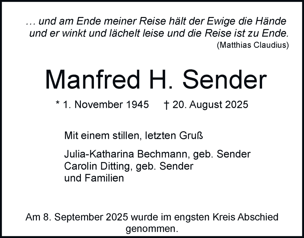 Traueranzeige für Manfred Sender vom 13.12.2025 aus Hamburger Abendblatt