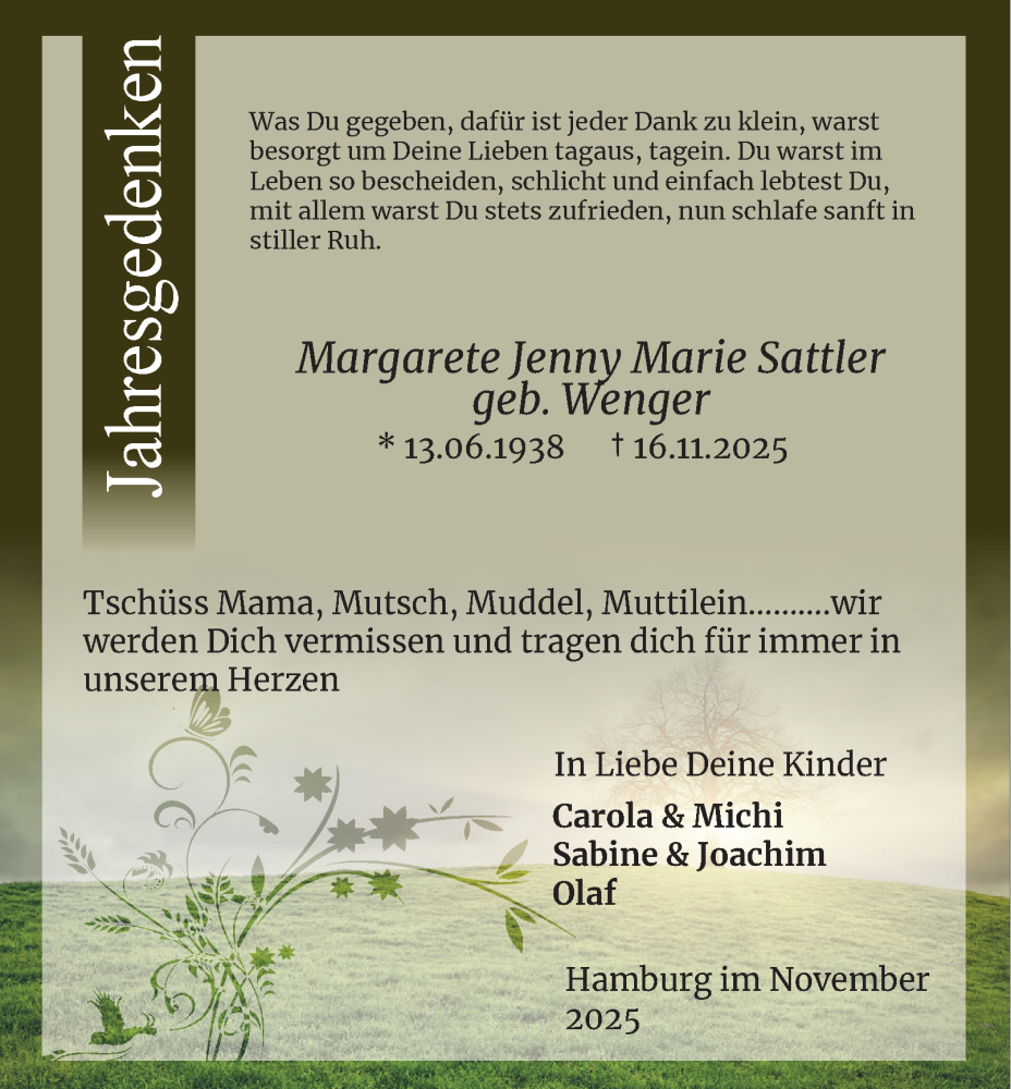  Traueranzeige für Margarete Jenny Marie Sattler vom 31.12.2025 aus Hamburger Abendblatt