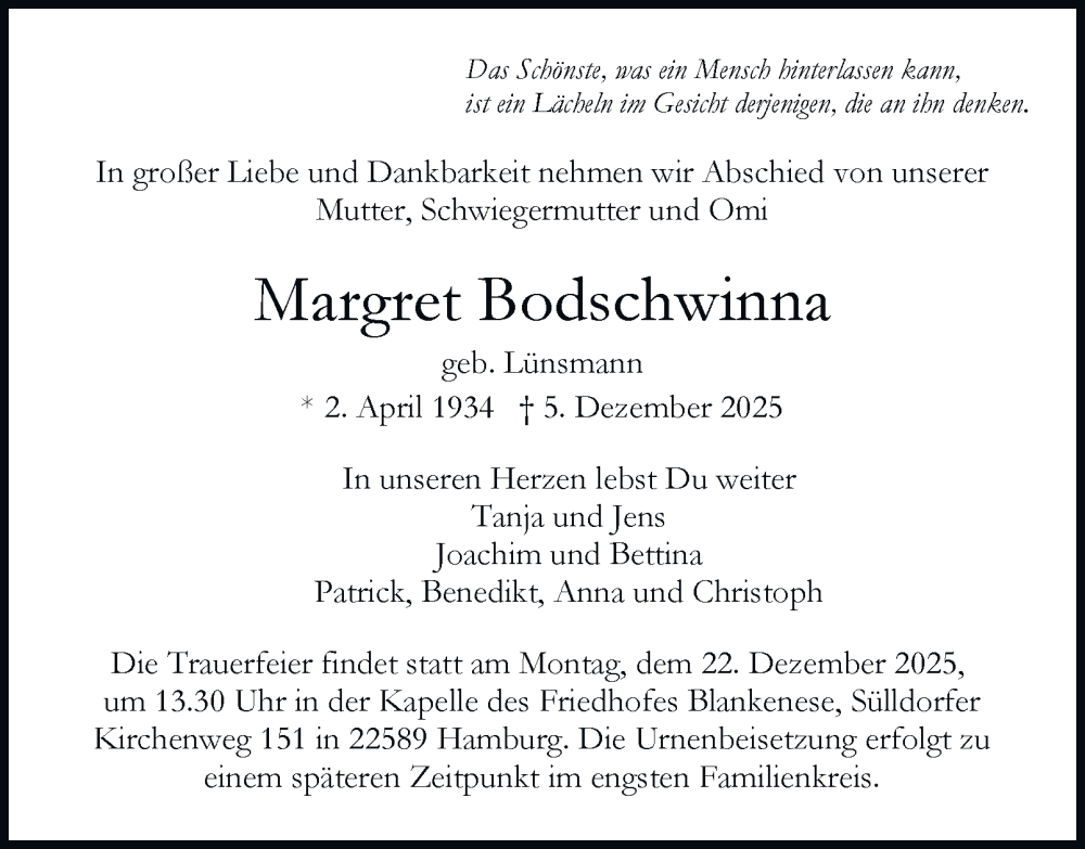  Traueranzeige für Margret Bodschwinna vom 13.12.2025 aus Hamburger Abendblatt