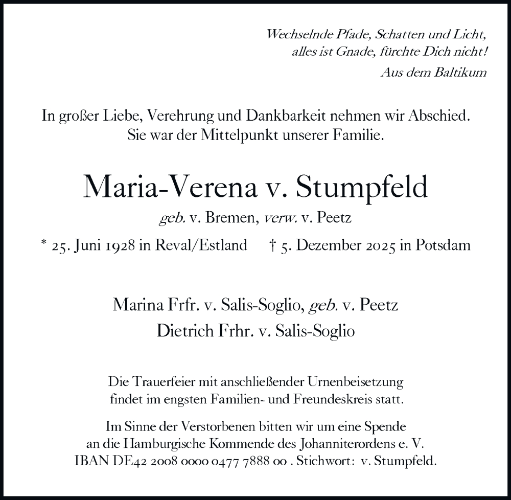  Traueranzeige für Maria-Verena v. Stumpfeld vom 27.12.2025 aus Hamburger Abendblatt