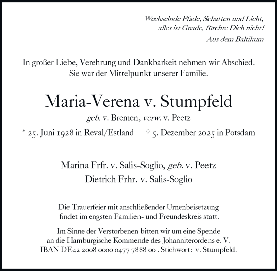 Traueranzeige von Maria-Verena v. Stumpfeld von Hamburger Abendblatt