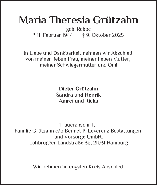 Traueranzeige von Maria Theresia Grützahn von Bergedorfer Zeitung