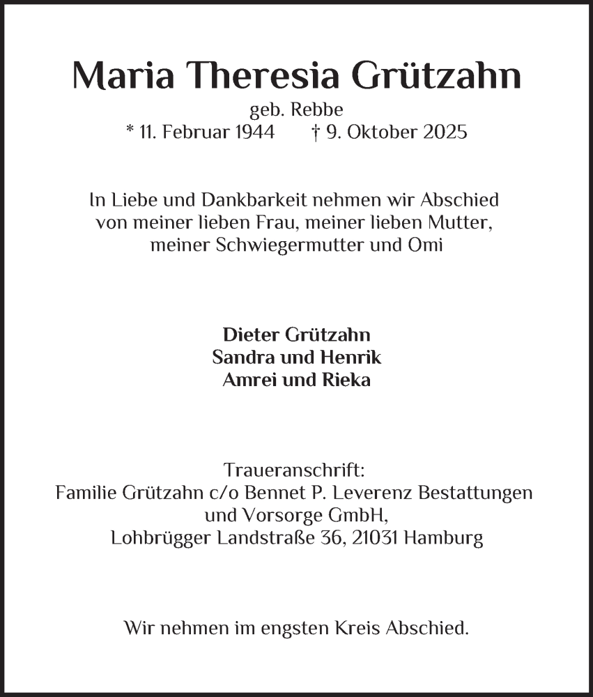  Traueranzeige für Maria Theresia Grützahn vom 06.12.2025 aus Bergedorfer Zeitung